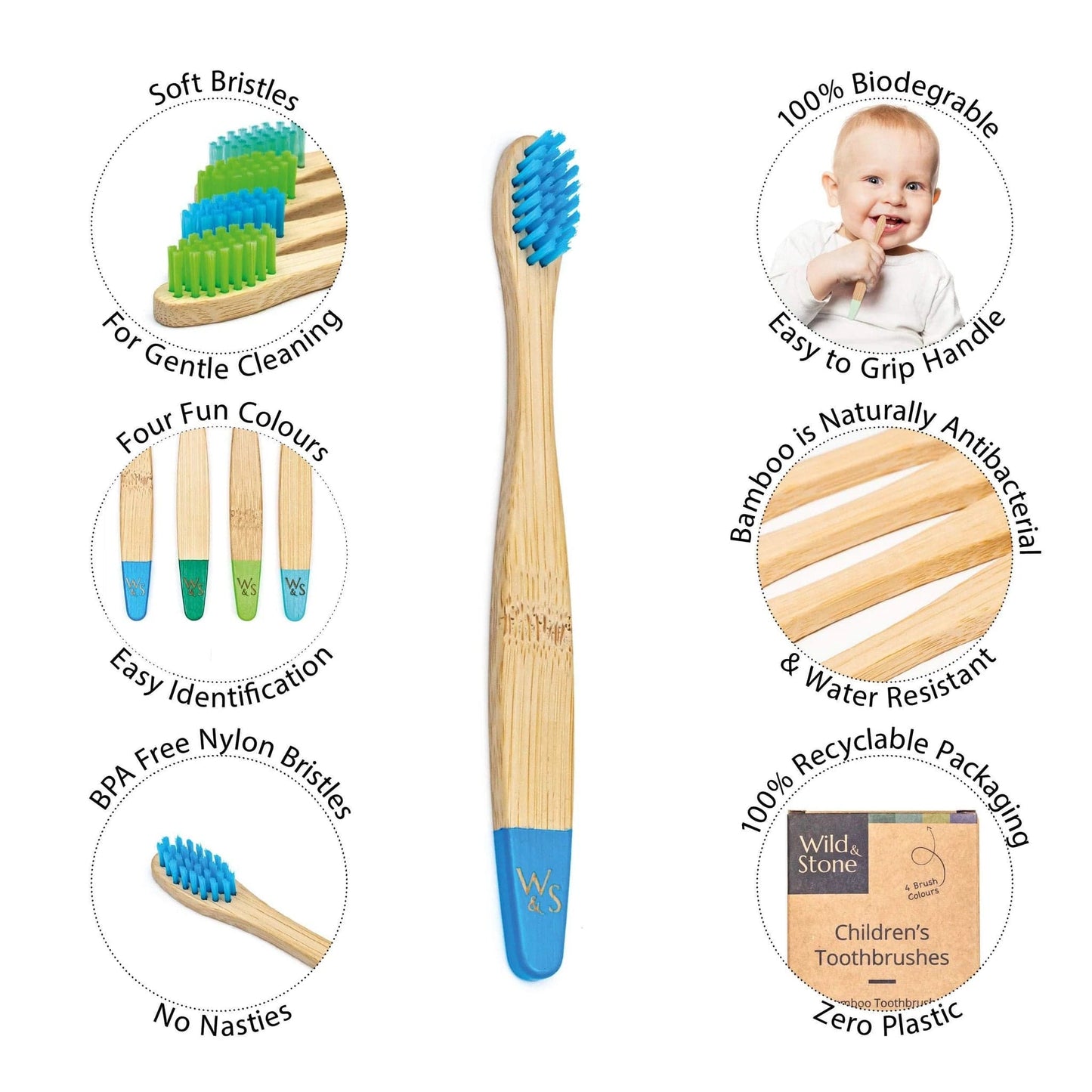 Children's Bamboo Toothbrush - 4 Pack - www.thecotswoldecocompany.co.uk