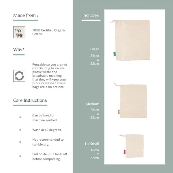 Reusable Produce Bags - Organic Cotton - Set of 3 - www.thecotswoldecocompany.co.uk