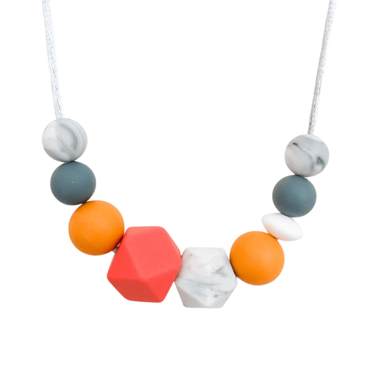 Teething Necklace - Penny Mix Up - Mustard, Grey & Coral - www.thecotswoldecocompany.co.uk