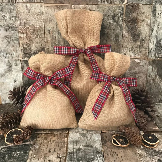 Eco-Friendly Christmas Hessian Gift Bag with Tartan Ribbon