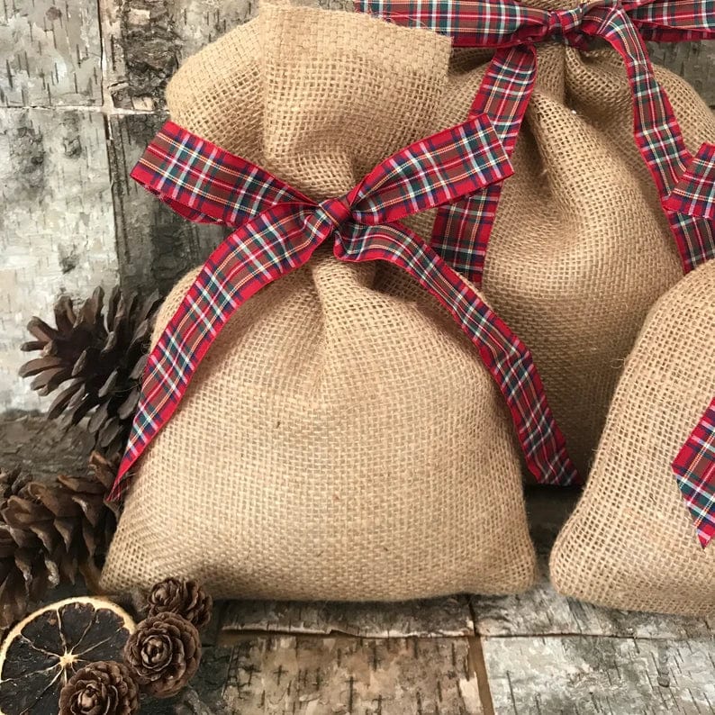 Eco-Friendly Christmas Hessian Gift Bag with Tartan Ribbon